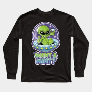 Cute alien in a flying saucer offering mints design Long Sleeve T-Shirt